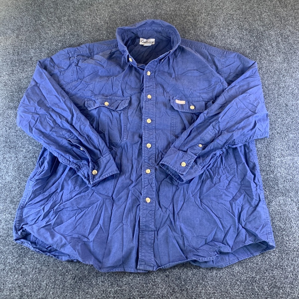 Vintage Carhartt Shirt Mens XL Navy Blue Cotton Pockets Long Sleeve Button Front